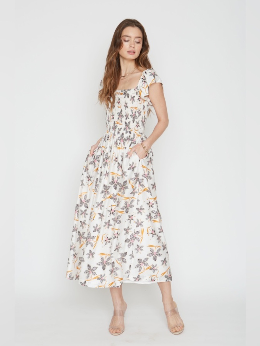 Caballero Emile Dress Disa Orchid Floral Smocked Midi Dress Silk Blend S